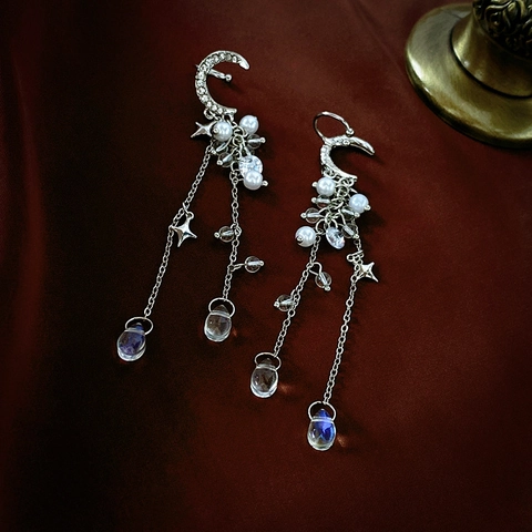 Orecchini Ear Cuff Con Frangia Lunga Luna Stella Lega Strass Perla Artificial Imitazione Cristallo Vetro Colore Argento Elegante