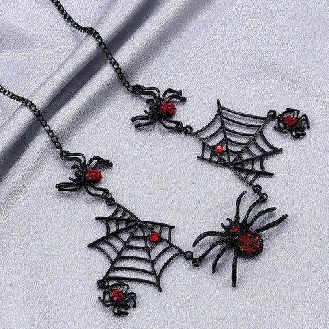Collana Halloween Gotica Nera Ragnatela Lega Pendente Strass Rossi Gioielli Per Donne Punk Esagerato