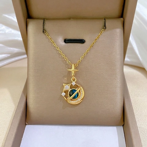 Galaxy Star Moon Saturn Planet Pendant Necklace Women Titanium Steel Chain Blue Gemstone Zirconia Elegant Jewelry