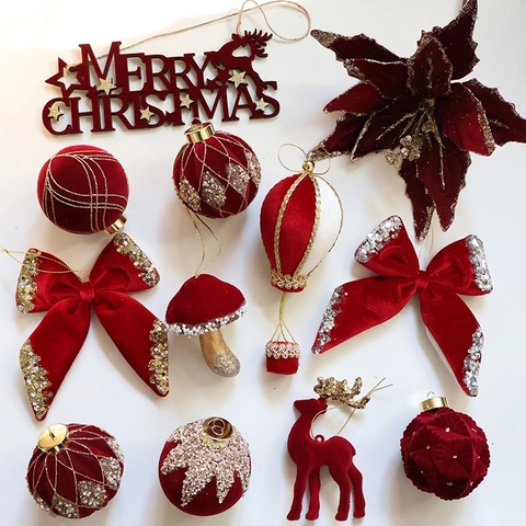 Weihnachtsanhänger Burgund Samt Beflockung Pailletten Bogen Pilz Ballon Hirsch Ball Feiertag Baum Deko Elegant