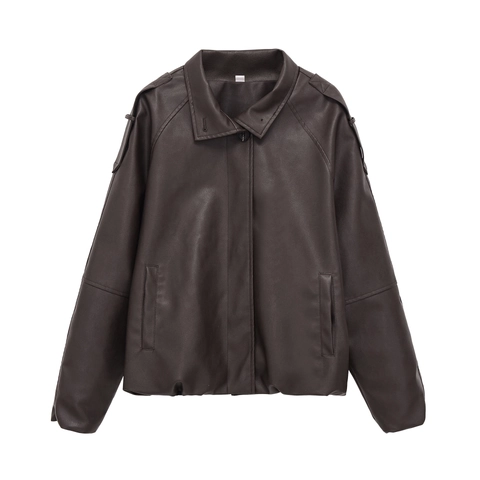 Chaqueta De Cuero Sintético Para Mujer PU Marrón Café Cuello Vuelto Charreteras Ajuste Holgado Casual Ropa De Abrigo