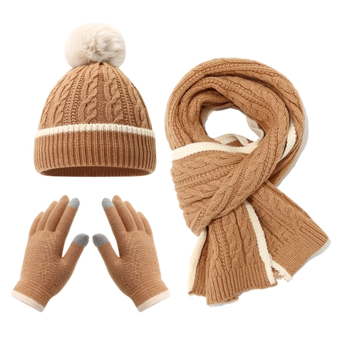 Bambini Inverno Caldo Acrilico Berretto Sciarpa E Guanti Touchscreen Con Pompon In Pelliccia Sintetica Righe