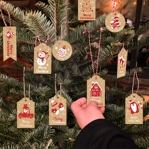 Christmas Gift Tags Kraft Paper Hanging Labels Merry Christmas Holiday Wrapping Decor Santa Snowman Patterns Hemp Rope