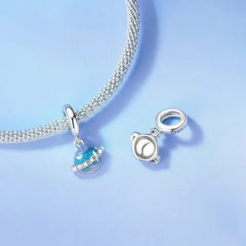 Charm Pianeta in Argento Sterling 925 Pendente in Smalto Blu Viola Con Zirconia per Bracciale Collana Gioielli Donna