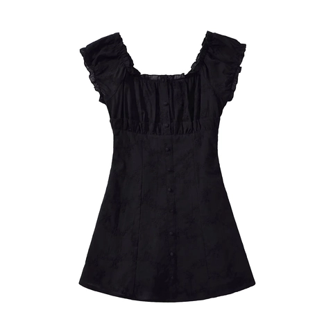 Mini Dress Polyester Floral Embroidery Jacquard Square Neck Ruffle Puff Sleeve Single Breasted Retro Style Women