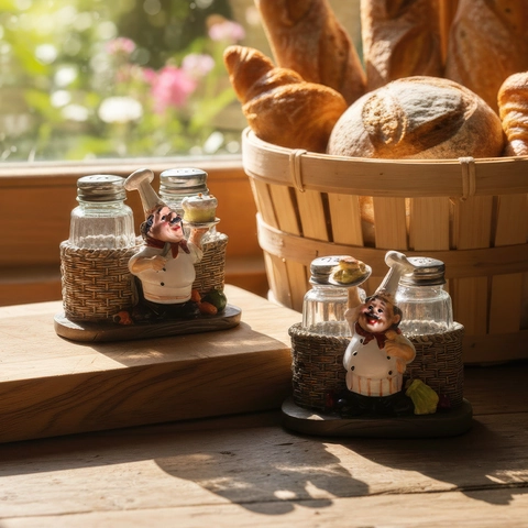 Chef Figurine Salt And Pepper Shaker Set Resin Decorative Base With Glass Ceramic Bottles Kitchen Dining Table Decor