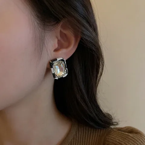 Geometric Rectangular Crystal Stud Earrings With 925 Sterling Silver Earring Post Fashion Checkerboard Pattern For Women