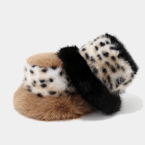 Leopardmuster Kunstpelz Fischerhut Winter Warm Plüsch Patchwork Outdoor Stilvoller Hut Für Damen