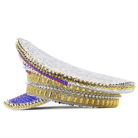 Captain Hat Military Officer Sequins Rhinestone Metal Spikes Performance Party Festival Carnival Stage