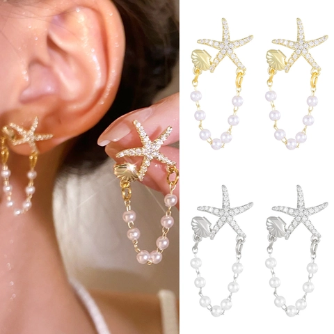 Bohemian Starfish Shell Artificial Pearl Tassel Earrings For Women Copper Rhinestone Sea Style Beach Holiday Jewelry