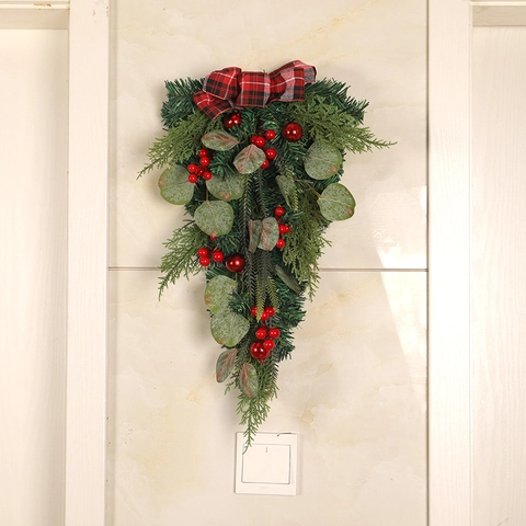 Ghirlanda Natalizia Appesa Albero Capovolto Con Eucalipto Bacche Rosse Fiocco A Quadretti E Luce LED Decorazione Per Porta