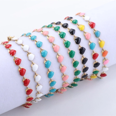 Stainless Steel Heart Bracelet For Women 18K Gold Plated Enamel Drip Oil Colorful Heart Link Chain Adjustable Jewelry Gift