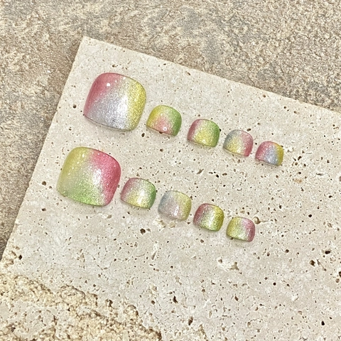 Uñas Postizas Pies Press On Degradado Ojo De Gato Brillo Colorido Hecho A Mano Para Mujeres Dulce Elegante