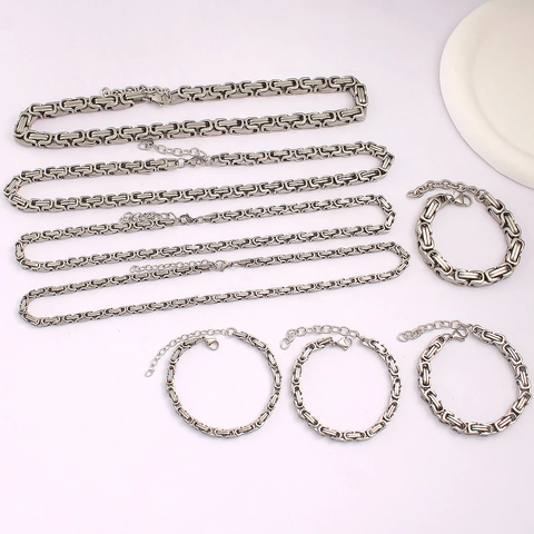 Stainless Steel Byzantine Chain Jewelry Set Silver Hip Hop Heavy Link Necklace Bracelet For Men Women Daily Party Fashion