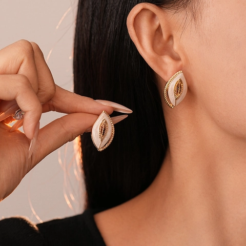 Vintage Leaf Stud Earrings With Silver Earring Post And Brass Enamel Pearlized Detail French Style Elegant For Women