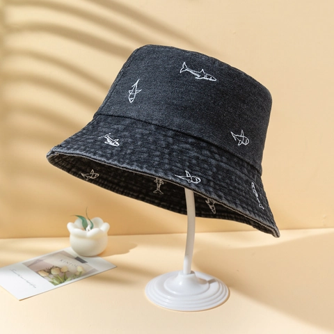Cappello Da Pescatore Denim Cotone Ricamo Squalo Parasole Stile Casual Giapponese Unisex