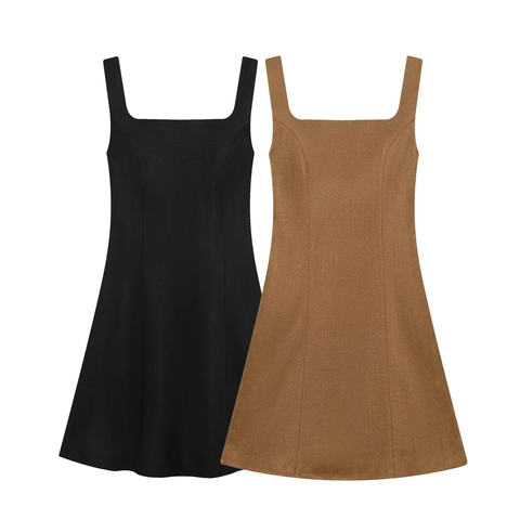 Abito Corto Donna Senza Maniche Scollo Quadrato Effetto Scamosciato Linea Ad A Vita Alta Cerniera Laterale Casual Elegante