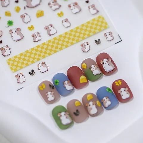 Nail Art Stickers 5D Embossed Cartoon Hamster And Cheese Cute Japanese Style Ultra Thin Self Adhesive Decals