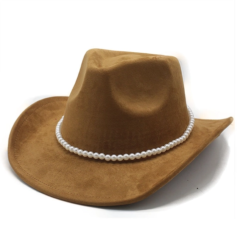 Western Cowboy Hat Faux Suede Artificial Pearl Decoration Wide Brim Fedora Vintage Jazz Style Women Men