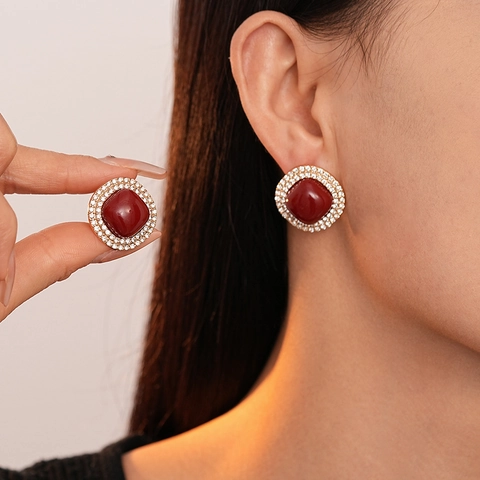Pendientes De Botón Geométricos Cuadrados Retro Franceses Con Perla Artificial De Imitación Diamantes De Imitación Y Poste De Plata 925