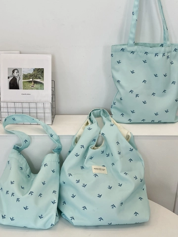 Bolso Tote De Lona Estampado Golondrina Pájaro Gran Capacidad Bolso De Hombro Bolsa De Compras Estética Verde Menta Para Mujer Uso Diario