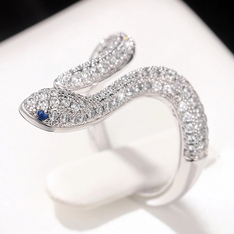 Anillo Con Forma De Serpiente De Cobre Circonita Pavé Micro Engaste Ojos De Piedra Azul Joyería Ajustable Para Mujer