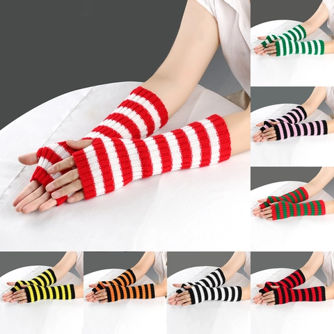 Unisex Striped Knit Arm Warmers Winter Warm Fingerless Gloves Long Sleeve Mittens For Men Women Christmas Party Holiday Gift