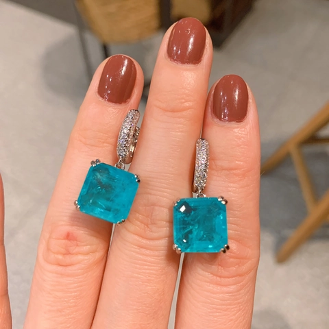 Square Paraiba Blue Synthetic Gemstone Drop Earrings Copper Platinum Plated With Cubic Zirconia Elegant Party Jewelry