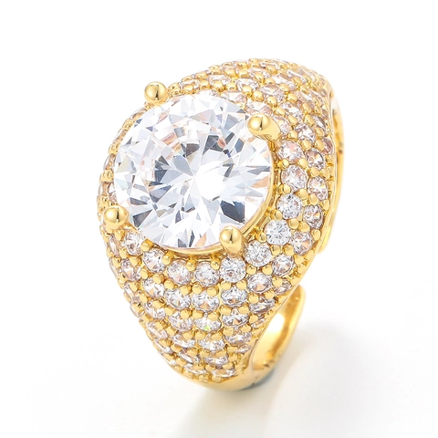 Luxury Copper Ring Large Cubic Zirconia Center Stone Pavé Setting Hip Hop Style Adjustable Band For Men And Women
