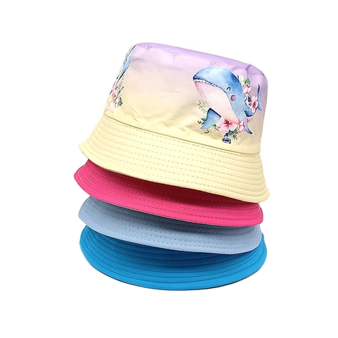 Chapeau Bob Enfant Polyester Dégradé Double Face Imprimé Baleine Dessin Animé Protection Solaire Bord Large