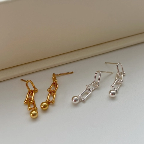 925 Sterling Silver U-Link Ball Drop Stud Earrings For Women Minimalist Dainty Metal Chain Link Earrings Fashion Jewelry Gift