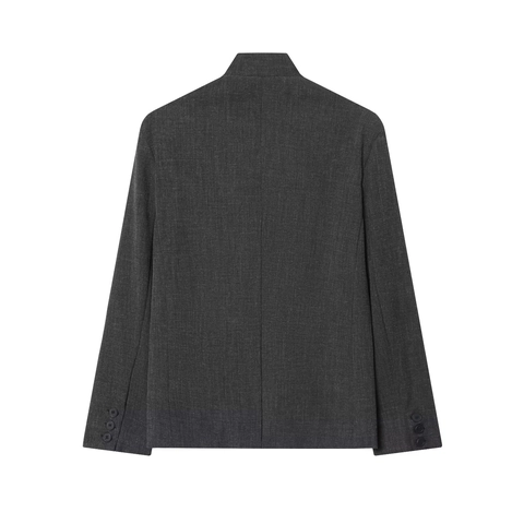 Women Elegant Stand Collar Blazer Jacket Woven Woolen Texture Single Button Solid Graphite Grey Office Wear Professional
