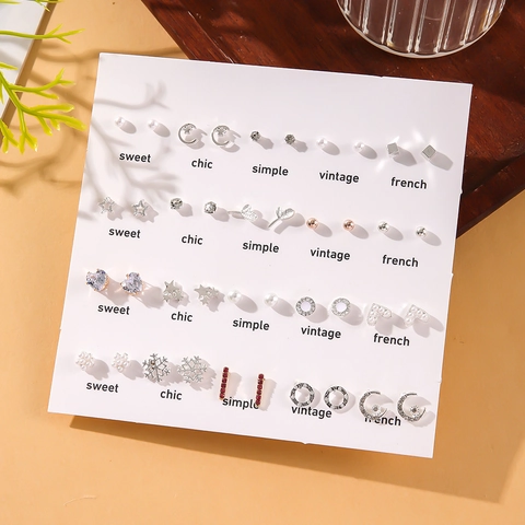Alloy Stud Earrings Faux Artificial Pearl Rhinestone Geometric Heart Star Moon Snowflakes Vintage Elegant Jewelry Accessory Women