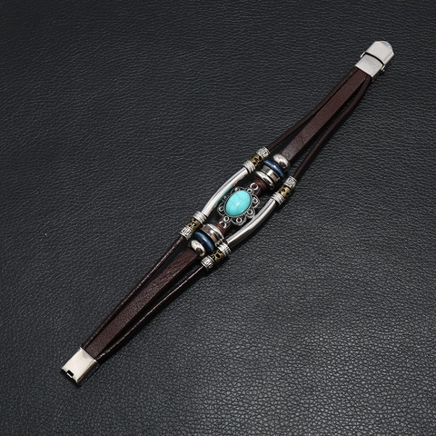 Pulsera Multicapa De Cuero Para Hombre Con Piedra Turquesa Tubo De Acero Inoxidable Tejida A Mano Estilo Hip Hop