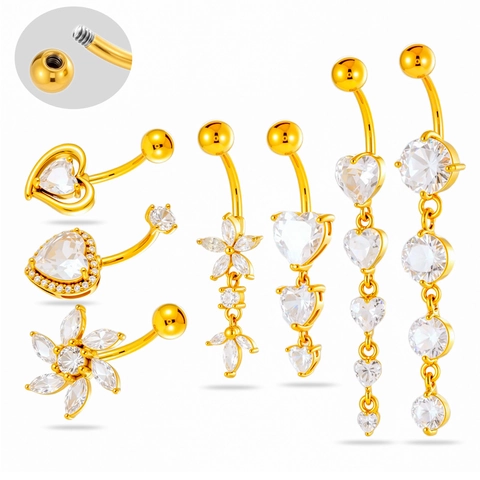 Belly Button Rings Navel Piercing Jewelry Stainless Steel Cubic Zirconia Heart Flower Dangle Tassel For Women Fashion