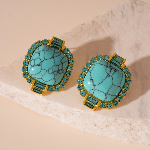 Vintage Square Faux Turquoise Stud Earrings Alloy Rhinestone With Silver Earring Post French Style Women Fashion