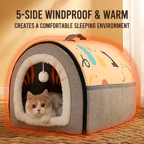 Katze Haus Nest Geschlossen Warm Schwamm Synthetik Faser Waschbar Faltbar Haustier Bett Innen Geometrisches Muster Katzen