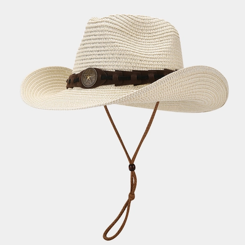 Western Cowboy Straw Hat With Faux Leather Band Metal Star Badge Sun Protection Breathable Outdoor Retro Unisex