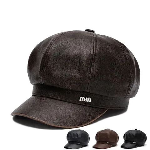 Women Newsboy Cap Retro PU Leather Octagonal Painter Hat British Style Solid Color Windproof Warm Fashion Accessory