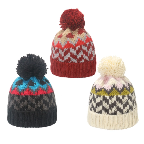 Women Knitted Beanie Hat With Large Pom Pom Winter Warm Acrylic Geometric Wave Pattern Jacquard Chic Ribbed Cuff