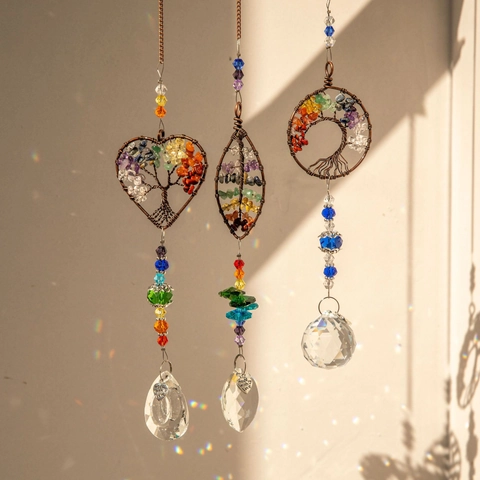 Crystal Suncatcher Tree Of Life Rainbow Maker Chakra Stone Window Hanging Ornament K9 Prism Garden Decoration