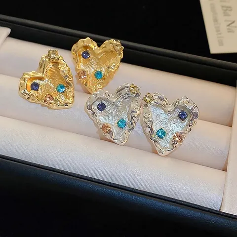 Herz Stecker Ohrringe Mit Bunten Strasssteinen Plissierte Lava Textur Kupfer Schmuck Silberner Ohrstecker Für Damen