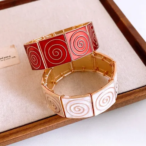 Retro Vintage Square Patchwork Elastic Bangle Bracelet Alloy Enamel Spiral Pattern Wide Jewelry For Women