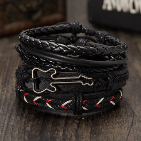 Men Bracelet Stackable Multi Layer Artificial Leather Hand Woven Cord Wood Beads Alloy Charms Vintage Retro Style Punk