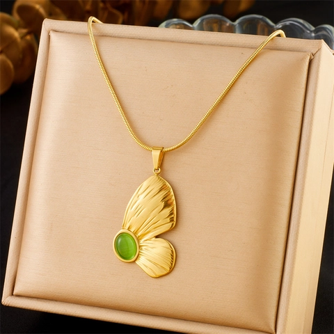 Collana Con Ciondolo A Farfalla Vintage E Orecchini In Acciaio Inossidabile Con Pietra Occhio Di Gatto Verde Donna