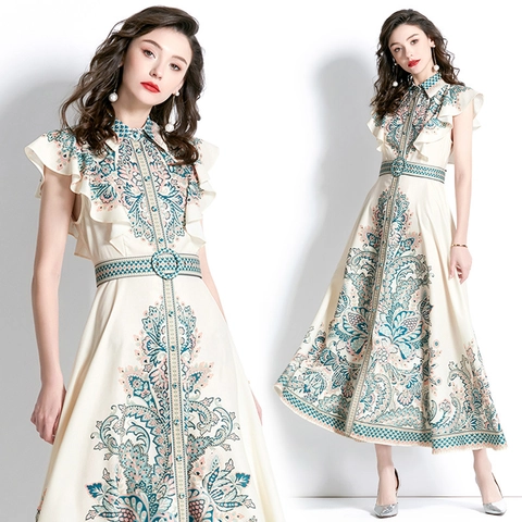 Vintage Paisley Blumenmuster Maxikleid Elegantes Reverskragen Rüschenärmel A-Linie Langes Kleid Mit Gürtel Damen