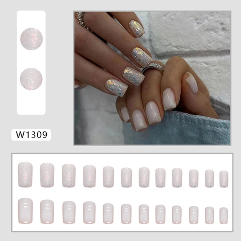 Weiße Glitzer Gradient Press On Nägel Mittellang Europäisch Quadratisch Modisch Milchweiß Künstliche Nägel Damen