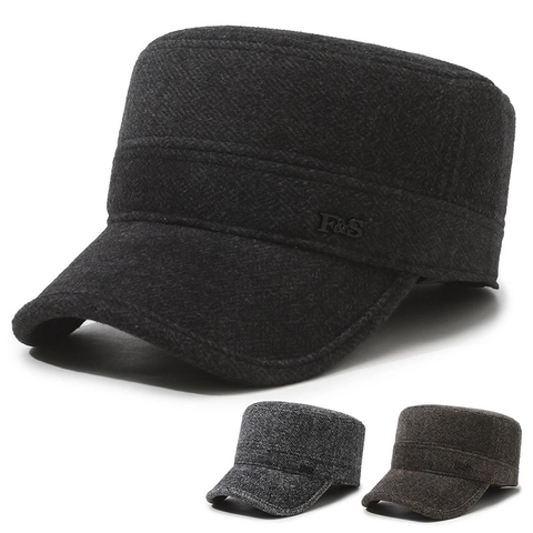 Heren Winter Cadet Cap Wolmix Platte Militaire Hoed Met Oorbescherming Warm Winddicht Buiten Casual Verstelbare Metalen Gesp
