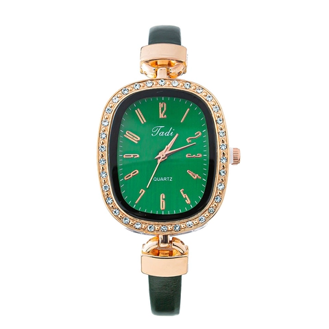 Women Quartz Watch Oval Alloy Case Rhinestone Bezel PU Leather Strap Arabic Numerals Fashion Elegant Wristwatch