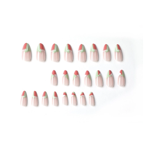 Uñas A Presión Largas Forma De Almendra Patrón Geométrico Bloque De Color Uñas Postizas Para Mujeres Moda Elegante